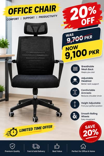 New Black Mesh Executive Office Chair with Headrest – Islamabad & Rawa