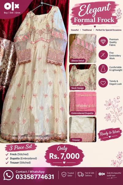 Elegant Embroidered Formal Frock 3-Piece Suit – Ready to Wear