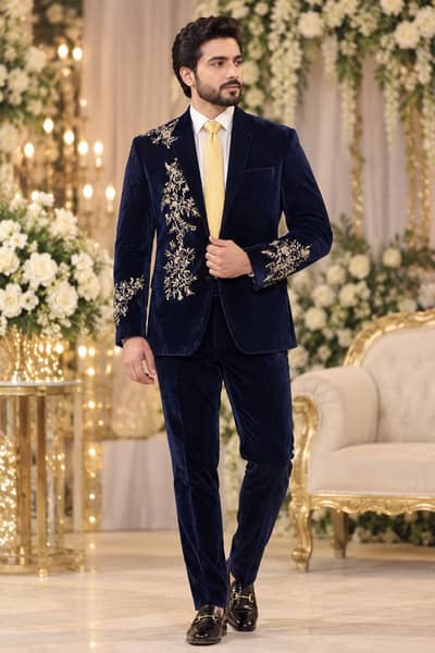 Crush Branded Navy Blue Velvet Groom Suit – Wedding / Barat / Walima
