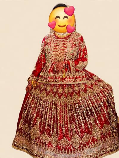 BRIDAL RED LAHANGA-heavy work -1 time used-38 size urgent sale