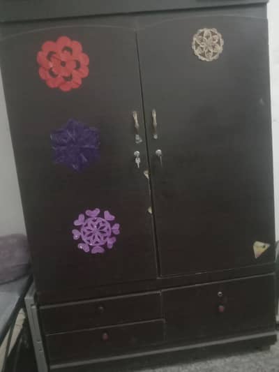 2 door wooden almari with 4 drawers - dark brown with keys