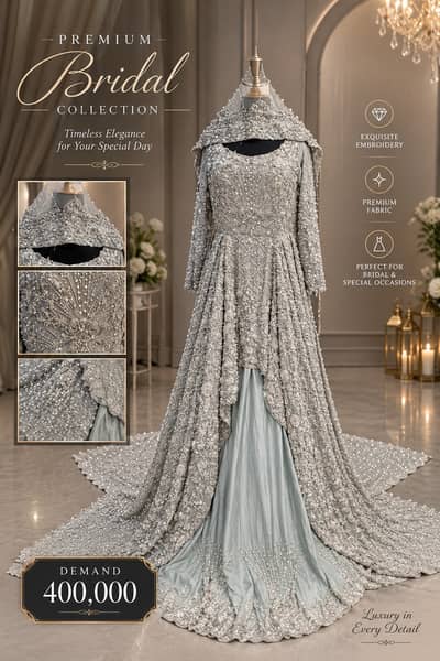 Luxury Silver Embroidered Bridal Gown with Long Trail – Wedding Dress