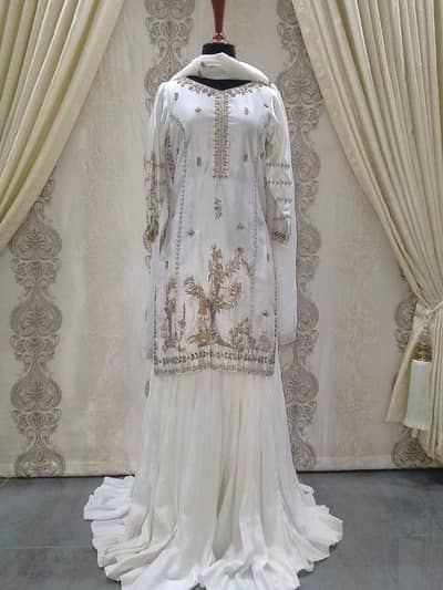 Elegant Ivory White Nikkah Dress with Gold Embroidery – Luxury Wedding