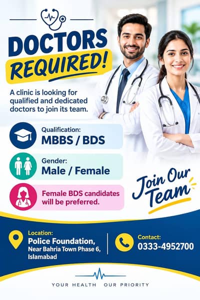 Doctor Required for established clinic in Police Foundation Islamabad