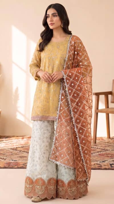 Beautiful Yellow-Golden Embroidered 3-Piece Suit for Sale