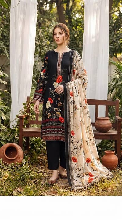 Salina Khaddar 3 Piece Suit – Beautiful Black Floral Design