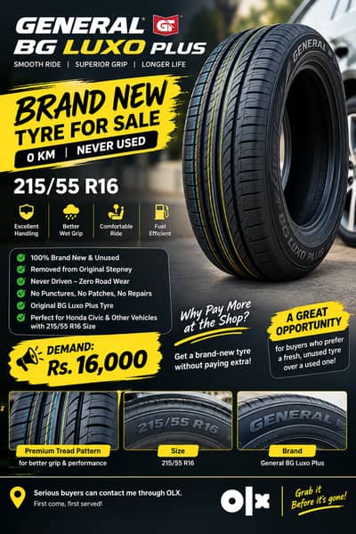  Brand New General BG Luxo Plus 215/55 R16 Tyre | Unused Stepney |