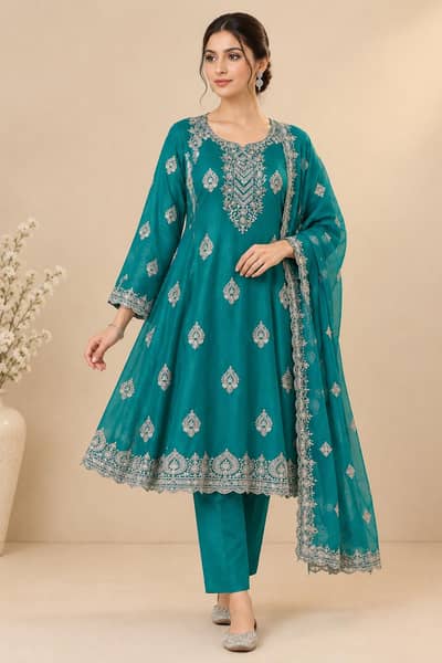 Beautiful Teal Blue Embroidered Frock with Dupatta & Trouser