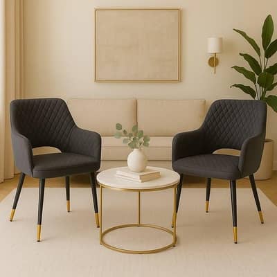 Luxury 2 Chair Set with Marble Top Centre Table – Golden Finish