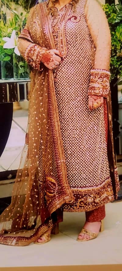 Beautiful Maroon & Golden Embroidered Formal Dress with Dupatta