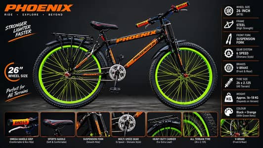 Phoenix 26 Inch Cycle | Black Orange | Green Rims | Single Speed