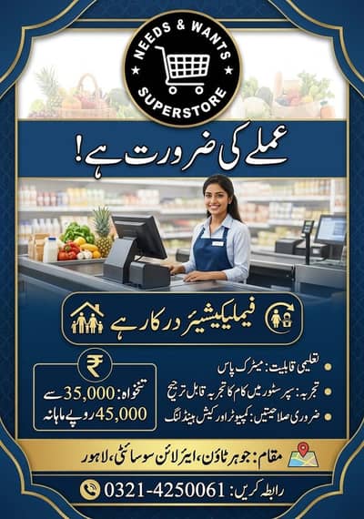 Female Cashier Required for Superstore in Johar Town Lahore