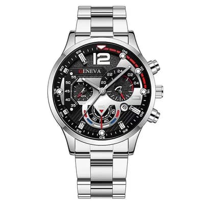 Men's Chronograph Steel Belt Watch Black Dial Red Accents