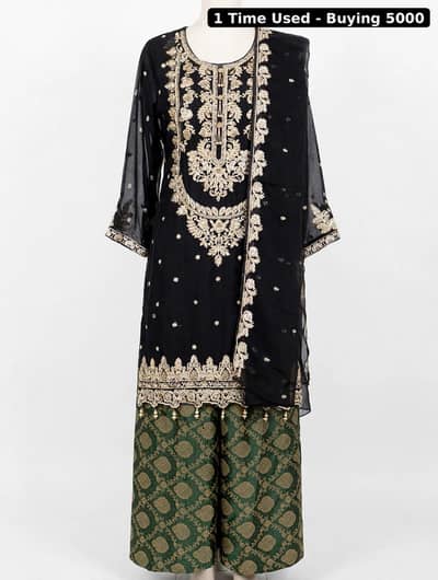 `Black Gold Embroidered Shirt with Green Banarsi