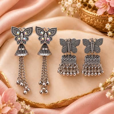 Indian Oxidised Butterfly Design Small Jhumka Earrings with Beaded Dr