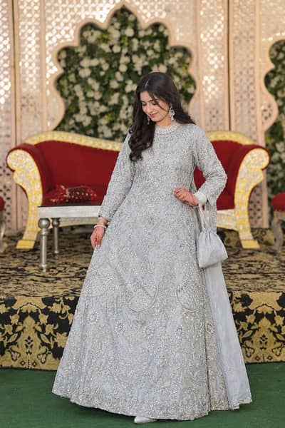 Silver Grey Bridal Maxi with Heavy Embroidery & Long Trail Dupatta