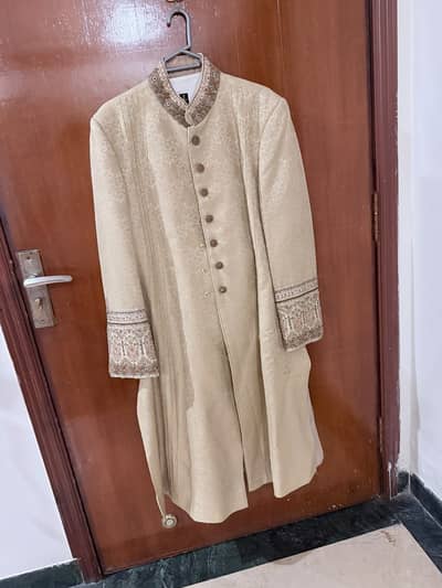 J. Junaid Jamshed Men's Cream Sherwani – Groom Wear with Khussa