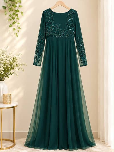 Elegant Teal Green Embroidered formal dress