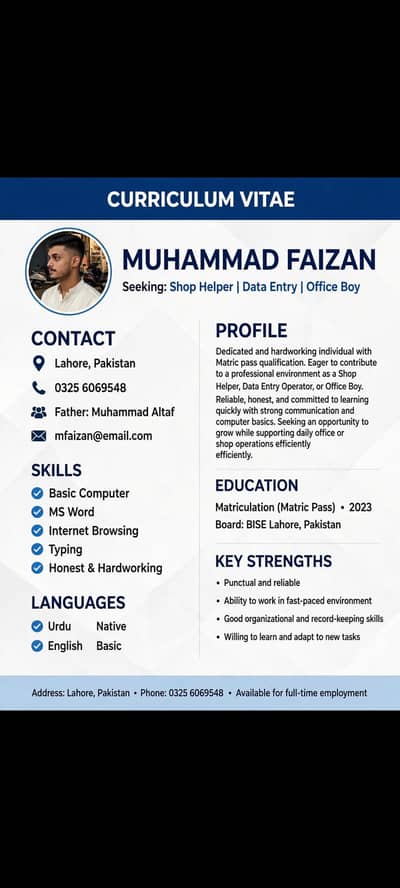 Matric pass Boy Need Job in Lahore