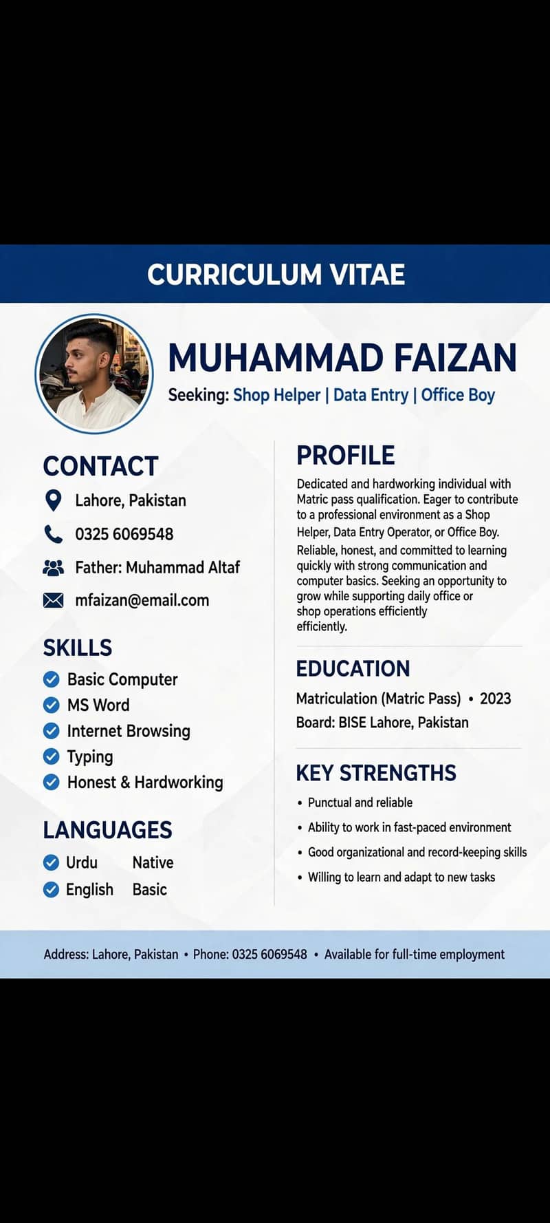 Matric pass Boy Need Job in Lahore - Other Jobs - 1120917485