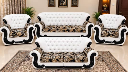 7 Seater Sofa Set White Black Floral Used A1 Condition Korangi 3.5