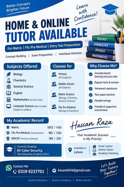 Home & Online Tutor Available