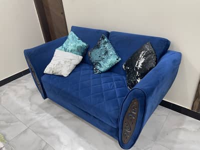 Beautiful Blue Velvet Sofa Set with Cushions - Excellent Condition
