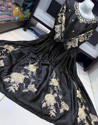 2 PC silk embroidered long beautiful maxi with golden dupatta