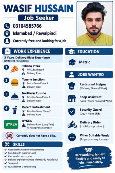 JOB WANTED  in Area PWD . Behria town and al nearby areas