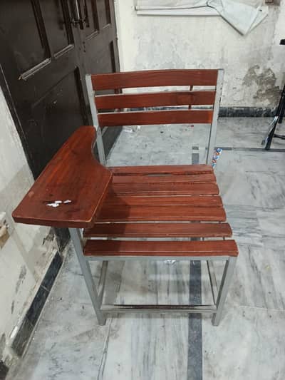 Strong Metal Frame Chair with Wooden Seat & Writing Table