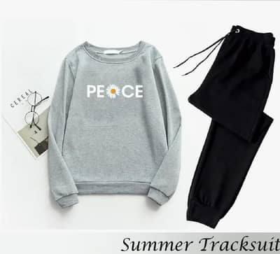 2 PCs women's stitched fleece printed sweatshirt tracksuit