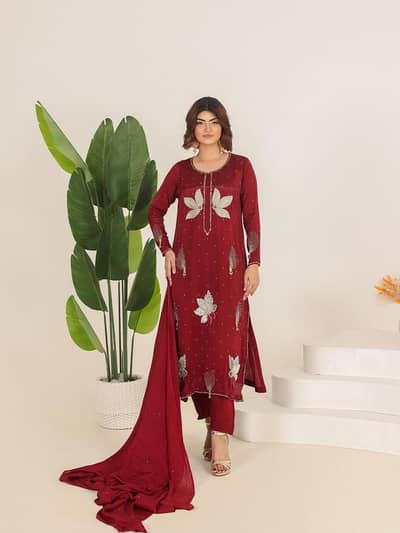 Elegant Maroon Embroidered 3-Piece Suit with Dupatta
