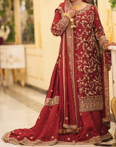 Maroon Red Golden Embroidered Bridal Dress