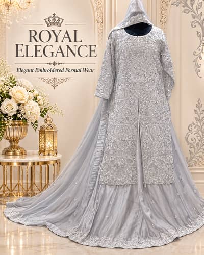 Royal Silver Grey Bridal Dress with Heavy Embroidery & Dupatta