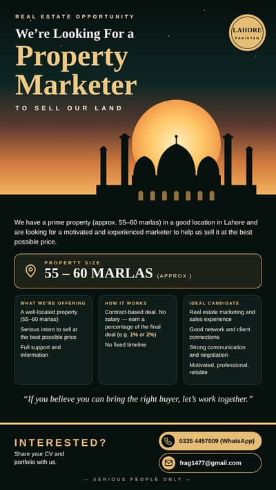 Property Marketer Needed to Sell 55-60 Marla Land in Lahore