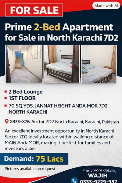 Prime 2Bed Apartment 1ST FLOOR NEW BUILDING forSale in NorthKarachi7D2