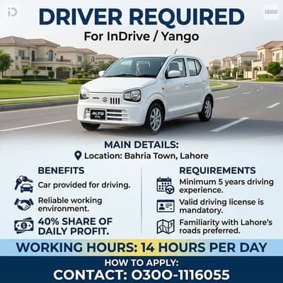 InDrive / Yango Driver Job in Lahore | Experienced Driver Required