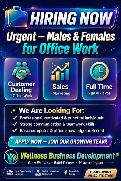 Hiring Now – Office Staff Required (Male & Female)