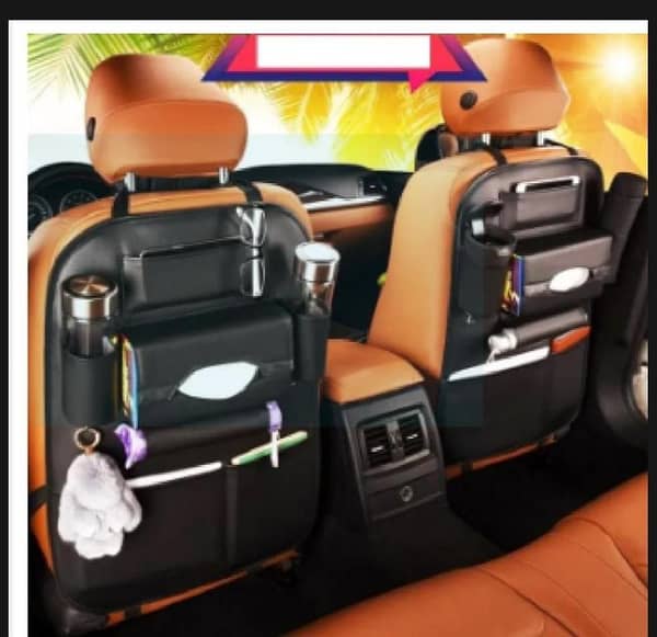 T  Car Back Seat Organizer PU Leather Car Back Seat Organizer Multifunctional Car Back Seat Storage with Tissue Box,Bottle, Tablet, and Umbrella Holder Pockets