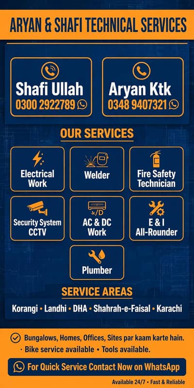 Electrician Plumber AC CCTV Service-Korangi Landhi DHA - 24/7