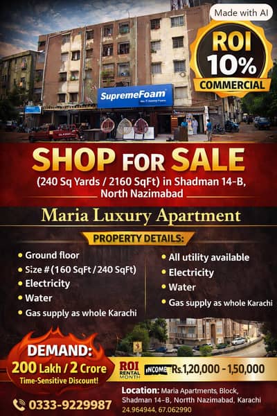 240 YDS Shop 4 sale ground floor,2160SqFt shadman14B NORTH NAZIMABAD