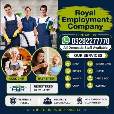 100% verified All Types Maids. Baby Care,Patient Care Cook Drivers
