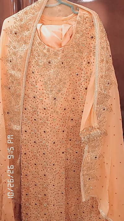 peach heavy Embroidered chiffon bridal maxic 3 piece