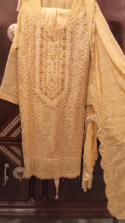 Golden Being organza party wear - Full embroidered - 3 piece