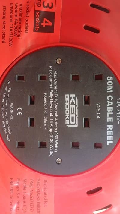 Brand New KEDBROOKE 50 Meter Cable Reel – 4 Sockets