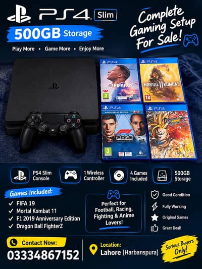 PS4 Slim 500GB Console With Controller & 4 Games–Excellent Gaming Deal