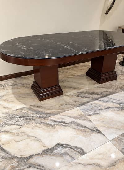Luxury Wooden Table with Glossy Black Marble Top – Used Furniture