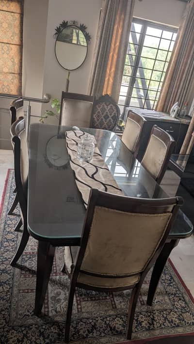6-Seater Wooden Dining Table with Glass Top
