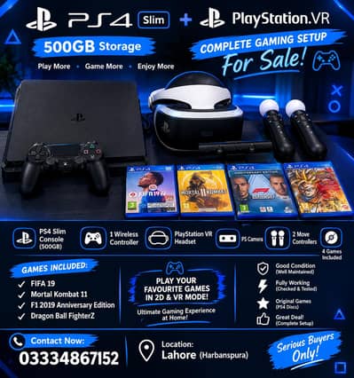 PS4 Slim 500GB + PlayStation VR Set + 4 Games Complete Gaming Bundle