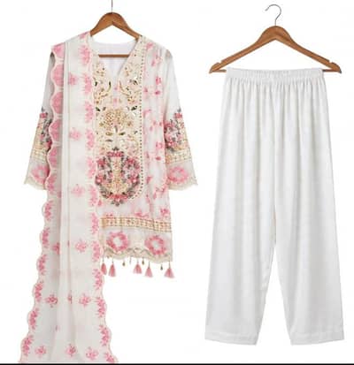 White & Pink Embroidered 3-Pc Organza Dress - Heavy Work with Dupatta